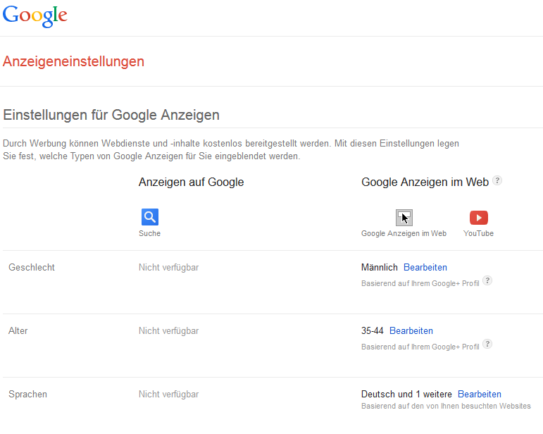 Google Anzeigeneinstellung